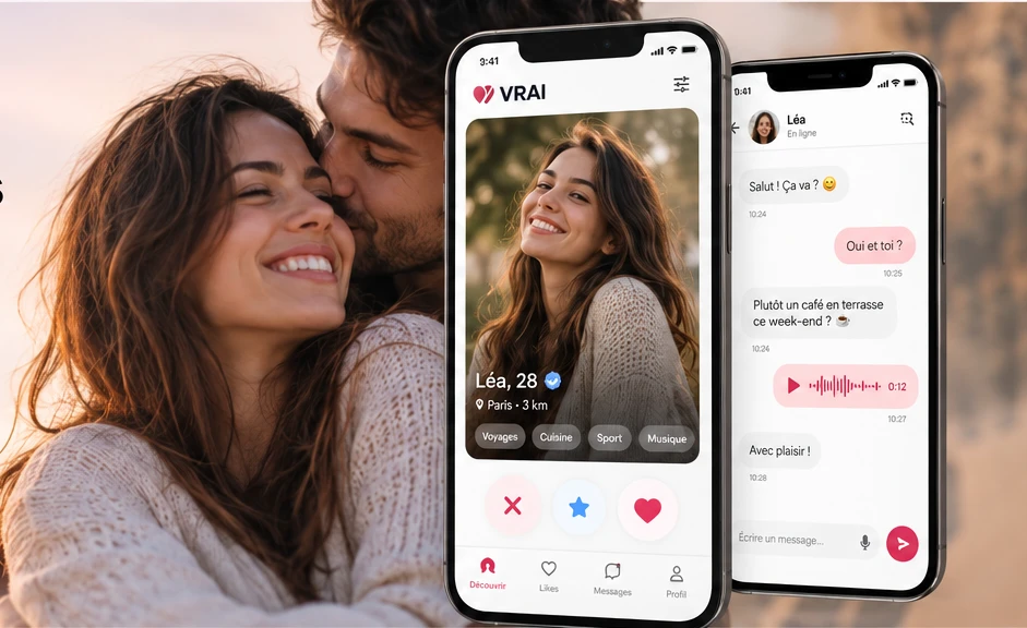 Un couple souriant et l'application VRAI affichant un profil et une conversation.